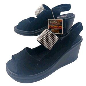 Skechers Luxefoam Black Velvet Rhinestone Platform Wedge Sandals Size 6